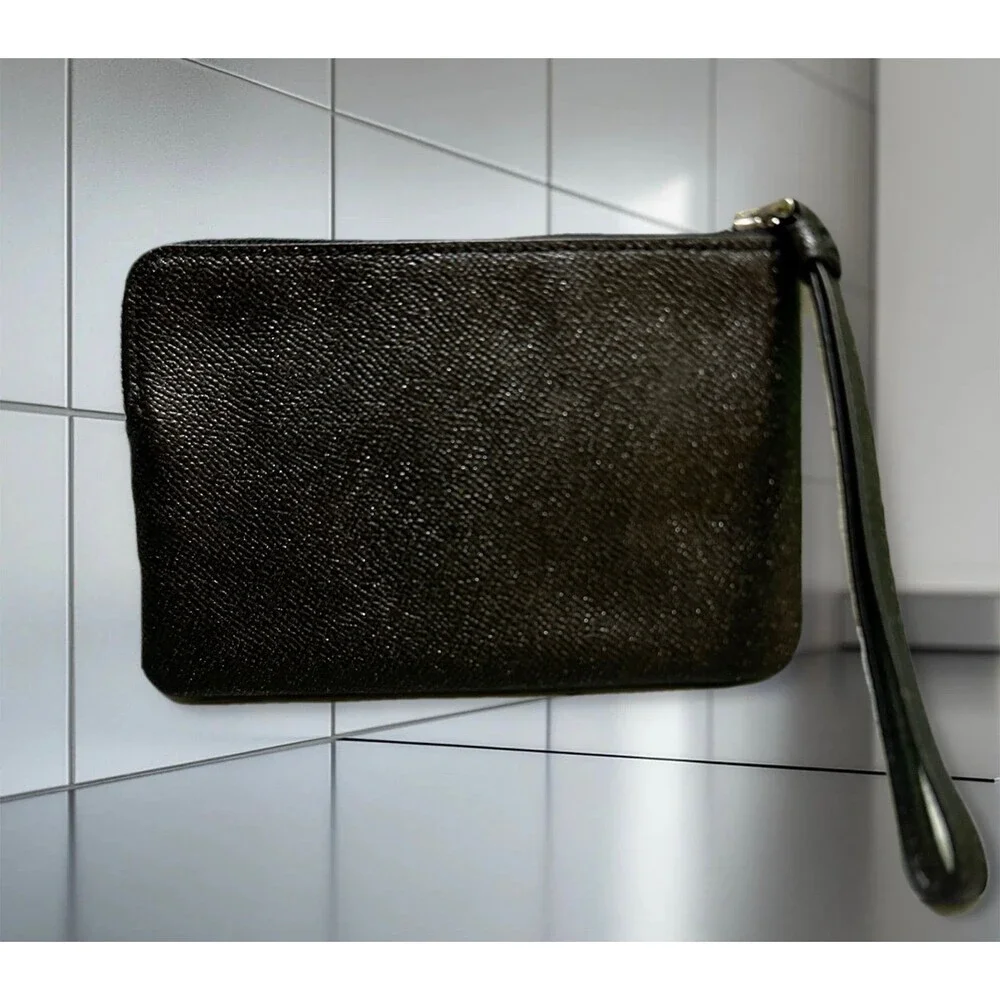 Coach Black Saffiano Leather Zip Wristlet with Gold Logo